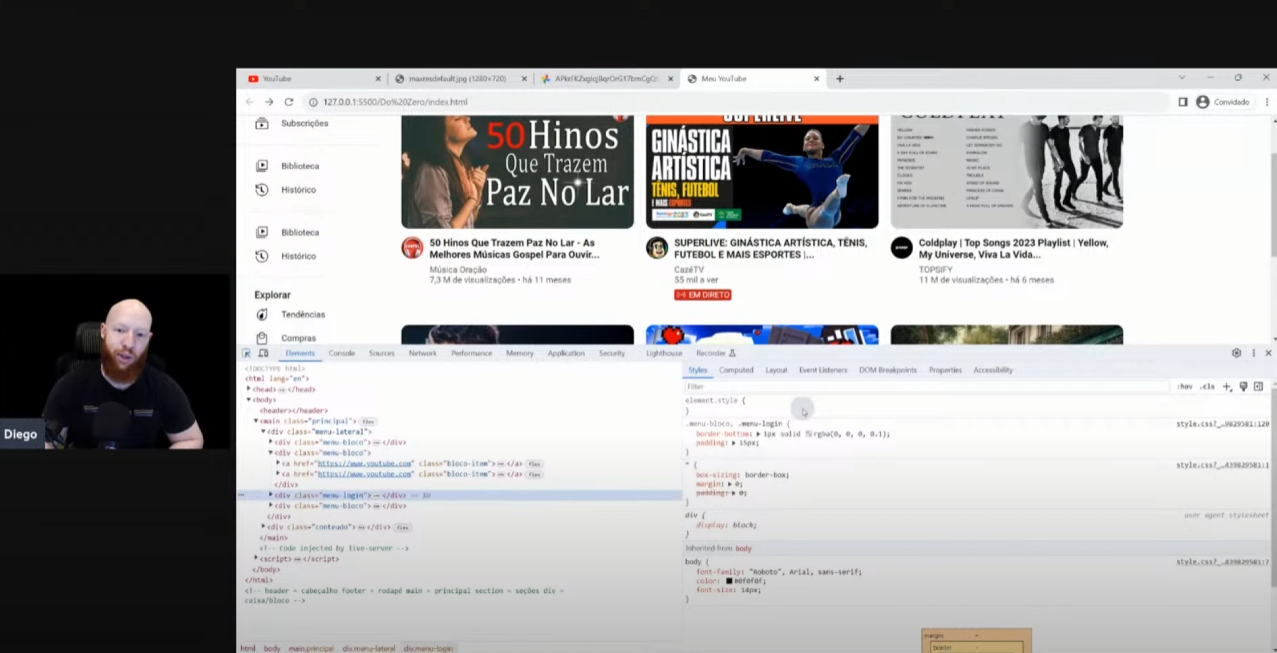 Captura de tela de uma aula de HTML e CSS